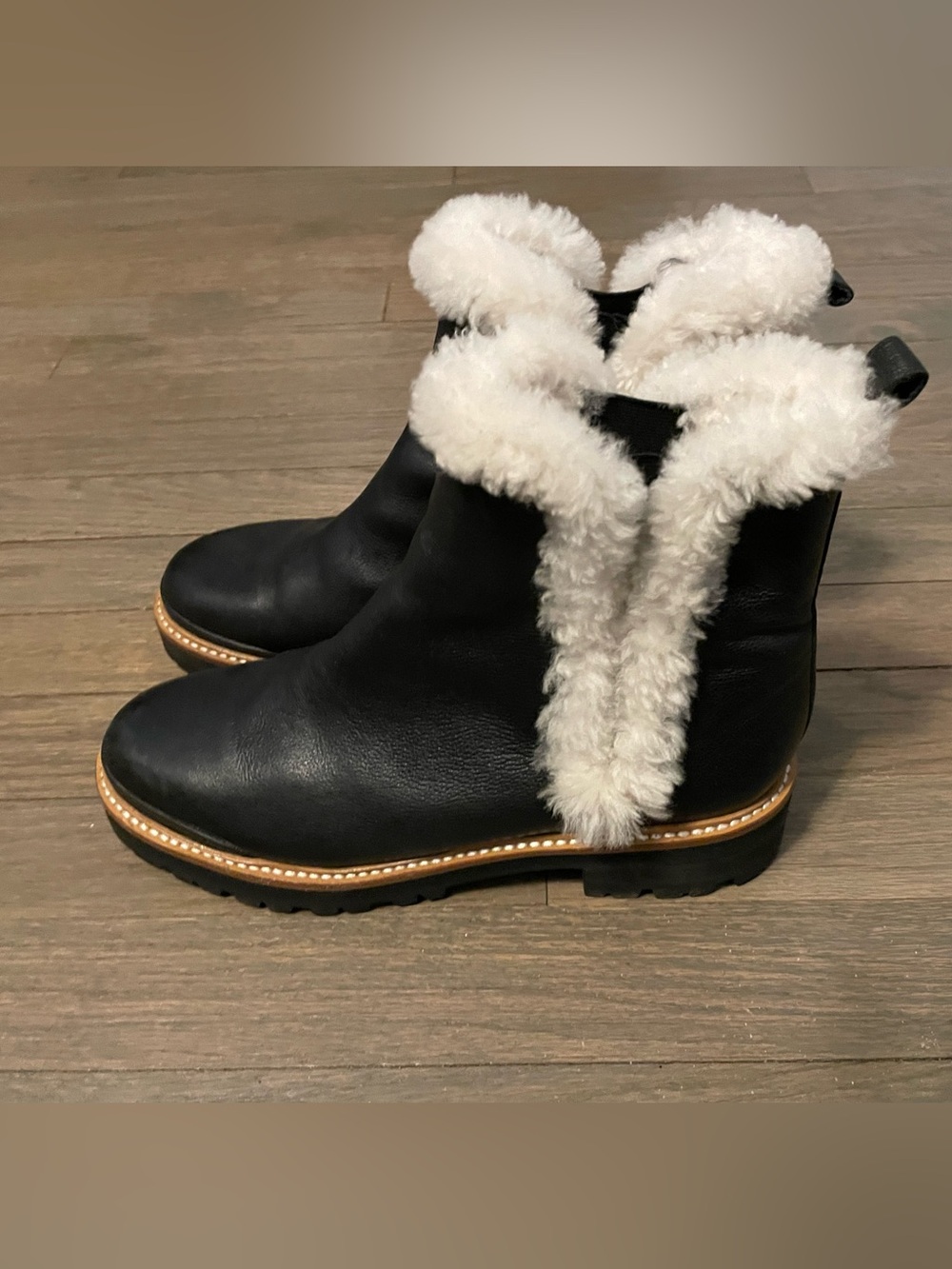 Marc Fisher Black Leather Ankle Boots with White Shearling Trim